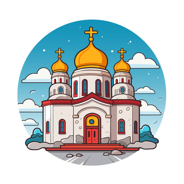 Ortthodox church building, cathedral. Cartoon religious architecture exterior, Vector