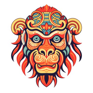 Vektör Süsleme Maymun Kafası. Desenli kabile renkli tasarım. Çince biçim vektör illüstrasyonu