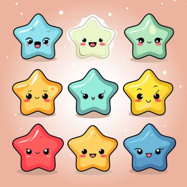 Yıldız karikatürü vektör tıklama etiketleri. Kawaii Star emoji çizgi filmi. Yıldız kümesi