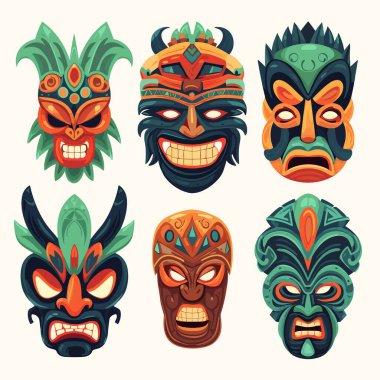 Tiki Tribal Mask, Hawaiian Design Elements, Vector clipart