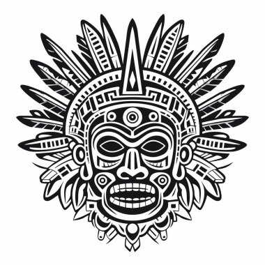 Aztek Yüzlü Maske Vektörü Çizimi. Antik Meksika Maya Maskesi