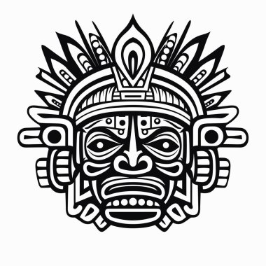 Aztek Yüzlü Maske Vektörü Çizimi. Antik Meksika Maya Maskesi
