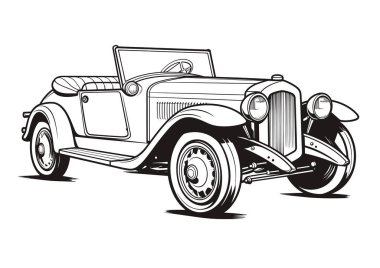 Klasik Araba Vektörü İllüstrasyonu. Yetişkin ve çocuk için klasik araba boyama sayfası.