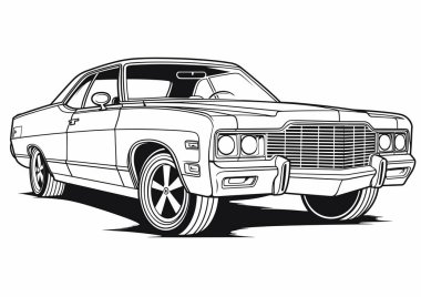 Klasik Amerikan Araba Vektörü İllüstrasyonu. Yetişkin ve çocuk için klasik araba boyama sayfası.