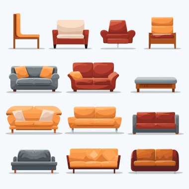 Ev simgeleri seti için mobilyalar. Koltuk, kanepe, sandalye vs. Görüntü vektörü