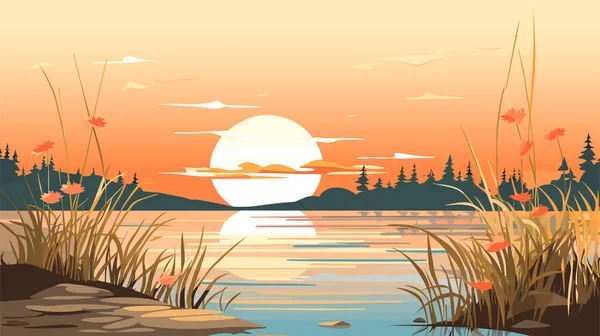 Тихий Летний Вечер Красивая Природа Уютная Заводь Берегу Реки Иллюстрации Стоковая Иллюстрация