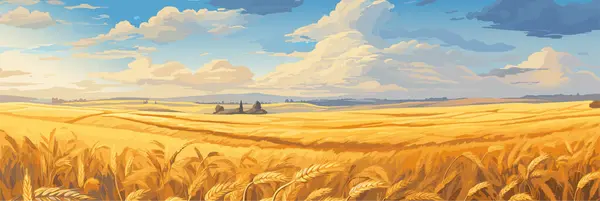 Buğday Tarlaları Vektör Panorama Illüstrasyonu Tarım Sahnesi Olan Güneşli Kırsal Stok Illüstrasyon