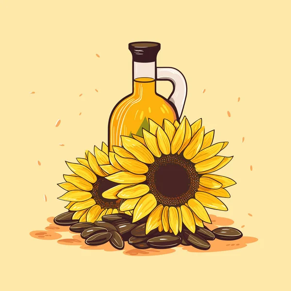 Bottle of sunflower oil with flower and heap of seed. Vector illustration for menu, banner, label, logo, flyer