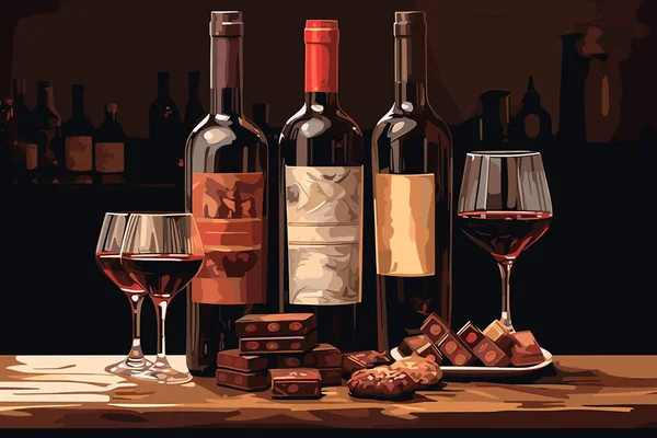 Botellas Vino Copas Vino Chocolate Sobre Mesa Bodegón Con Vino Ilustraciones de stock libres de derechos