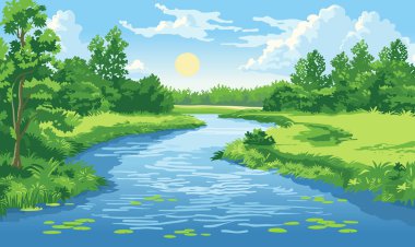 Güzel bir nehir manzarasının vektör çizimi. Güneşli yaz günü