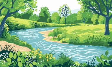 Güzel bir nehir manzarasının vektör çizimi. Güneşli yaz günü