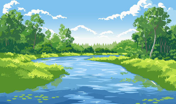Векторная иллюстрация красивых речных пейзажей. Солнечный летний день