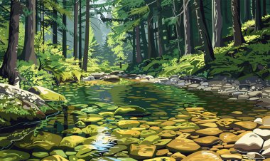 A stream of river creek flowing across a dense green forest, illustration vector clipart