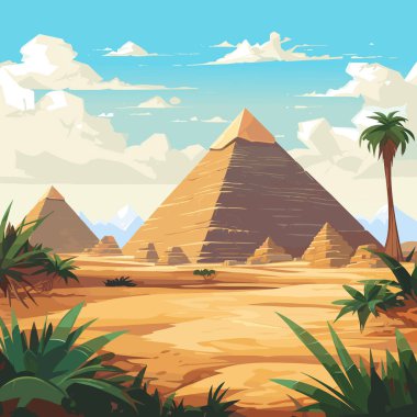 Piramitleri olan Mısır çölü. Antik firavun mezarlarıyla manzaranın karikatür vektör çizimi
