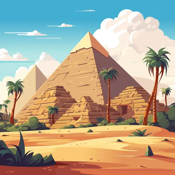 Egyptisk Öken Med Pyramider Tecknad Vektor Illustration Landskapet Med Antika — Stock vektor