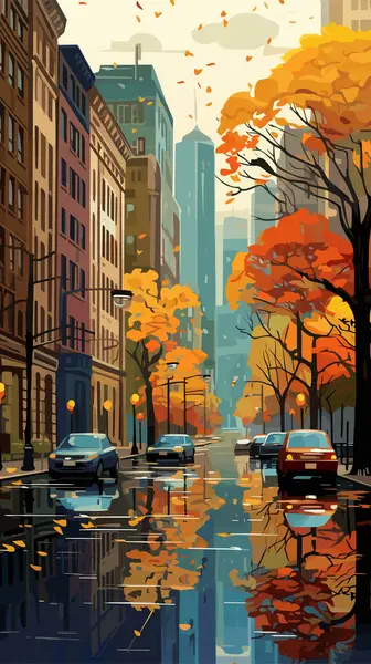 Осенний Город Деревьями Падающими Желтыми Листьями Вектор Иллюстрации Лицензионные Стоковые Иллюстрации