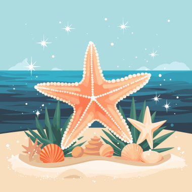 Renkli deniz yıldızıyla deniz kıyısının vektör karikatür çizimi. İyi güneşli günler..