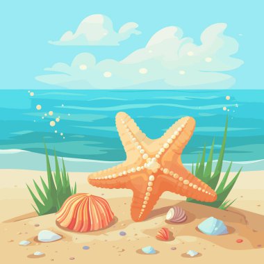 Renkli deniz yıldızıyla deniz kıyısının vektör karikatür çizimi. İyi güneşli günler..