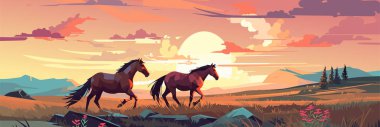 Rural landscape with grazing horses with green meadows in background, warm evening vector panorama clipart