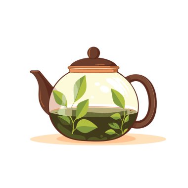 Yeşil çay yaprakları, çay, çaydanlık, bardak, bardak, vektör illüstrasyonu, işaret simgesi şablonu