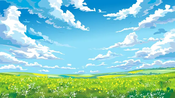 Şafağı olan güzel yaz arazileri, yeşil çayırlar, parlak mavi gökyüzü, arka plan illüstrasyonları