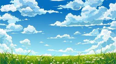 Bulutlu mavi gökyüzü. Beyaz kabarık bulutlar. Güneşli bir gün gökyüzü sahnesi vektör çizimi. Açık havada gökyüzü, açık havada yaz mevsimi