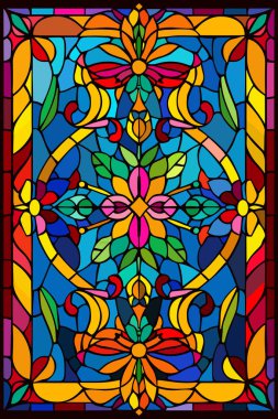 Illustration in stained glass style with abstract flowers, leaves and curls, rectangular image. Vector clipart