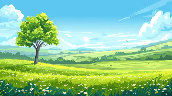 Serene Summer Fields Vektör Resimleri Mavi Gökler ve Yeşil Ağaçlarla Dolu Çizgi Film Çayırı