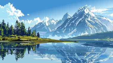 Beautiful mountain and lake landscape. Panorama of beautiful nature, meadow with scenic blue lake and mountains on horizon background clipart