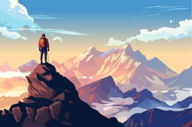 Climbing mountains. The traveler on the top of the mountain looks at the beautiful landscape of the mountains. Mountain tourism, travel and hiking. Vector clipart