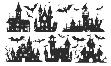 Collection of Halloween silhouettes. Haunted houses, creepy trees, flying witches, pumpkins, halloween ghosts, vector clipart