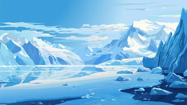 Arktik Alaska manzarası, beyaz dağlar, karlı kayalar, buzullar, buz. Kuzey doğa sahne vektör karikatürü çizimi