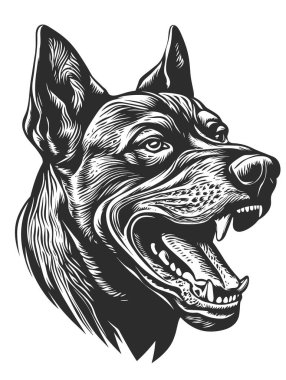 Logo Vektörü İllüstrasyonu rolünde Kızgın Doberman Pinscher Dog. Tişört izi veya Dövme Şablonu