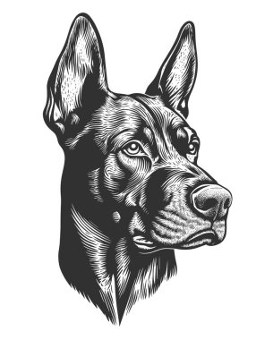 Logo Vektörü İllüzyonu rolünde Doberman Pinscher Dog. Tişört izi veya Dövme Şablonu