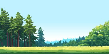 Woodland edge of wild forest with big green trees, summer sunny day nature vector illustration panorama background clipart