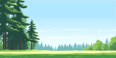 Woodland edge of wild forest with big green trees, summer sunny day nature vector illustration panorama background clipart