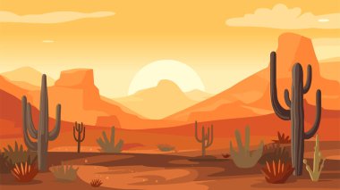 Arizona çölünde gün batımı. Kayaların arka planında kaktüsler var. Vektör illüstrasyonu