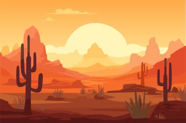 Arizona çölünde gün batımı. Kayaların arka planında kaktüsler var. Vektör illüstrasyonu
