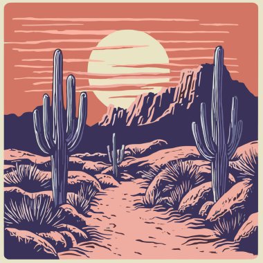 Sunset in the Arizona desert. Cactuses on the background of rocks. Vector illustration clipart