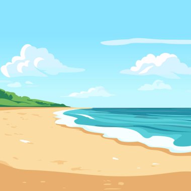 Ocean coastline. Vector illustration of summer beach, tropical ocean coastline with beautiful sky, sand beach. Marine landscape background. Seascape view. clipart