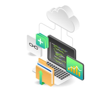 Web sitesi bağlantısı ekleyen bir programın izometrik illüstrasyonunu kavra