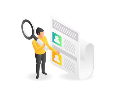 Çalışan arayan bir adamın konseptinin düz izometrik çizimi