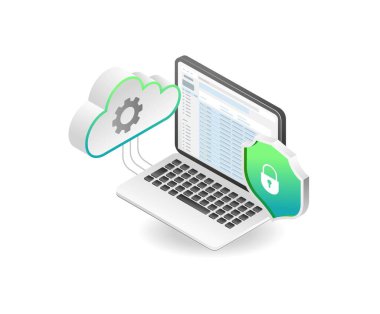 Düz izometrik bulut sunucu veri güvenliği çizimi konsepti