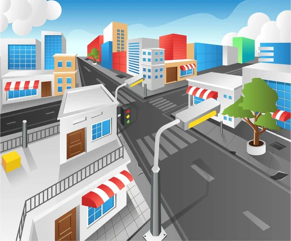 Isométrica Plana Conceito Ilustração Vista Edifícios Rua Cidade —  Vetores de Stock
