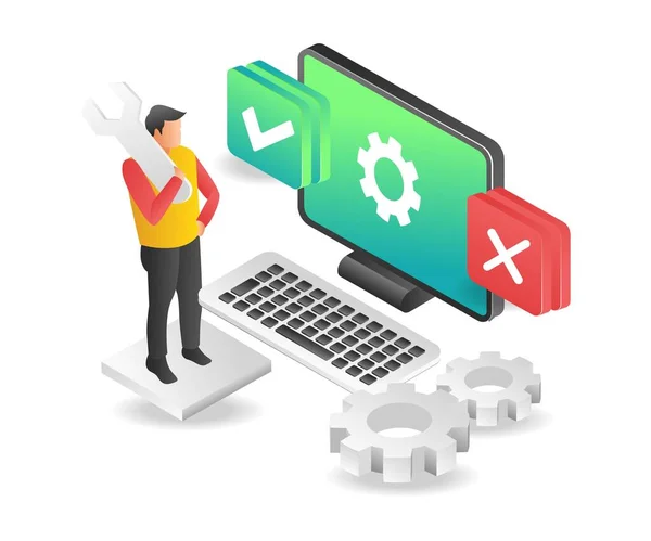 Isometric Illustration Flat Concept Man Servicing Software Update — Stock Vector