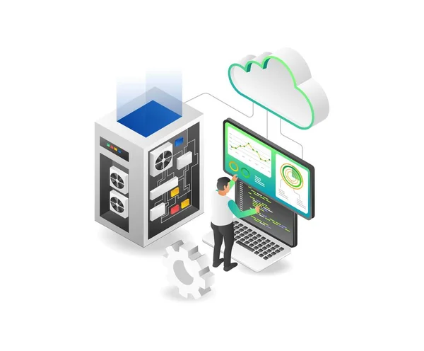 Płaski Izometryczny Ilustracja Koncepcja Technik Programista Cloud Server Analityk — Wektor stockowy