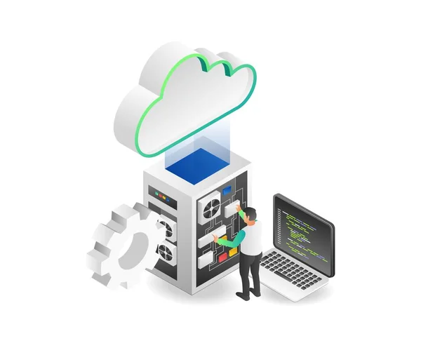 Flache Isometrische Illustration Konzept Des Technikers Programmierer Cloud Server — Stockvektor
