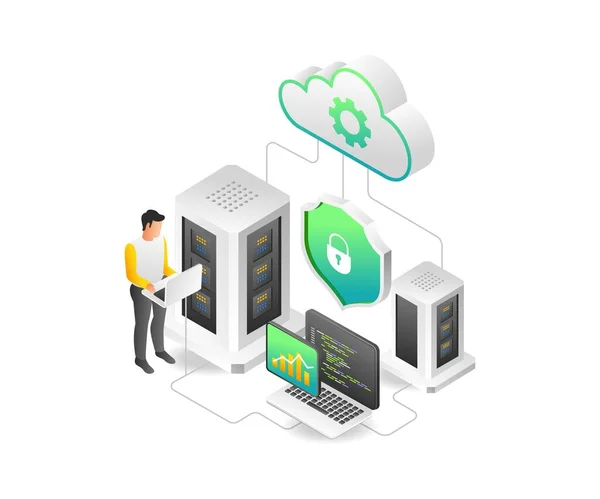 Platte Isometrische Illustratie Concept Van Het Behoud Van Cloud Server — Stockvector