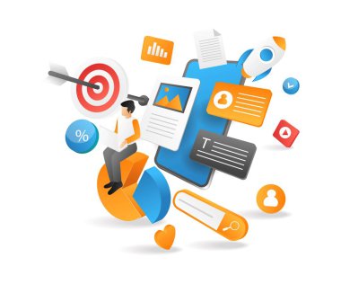 Isometric flat 3d illüstrasyon sosyal medya pazarlama dönüşüm ticareti başlangıç konsepti