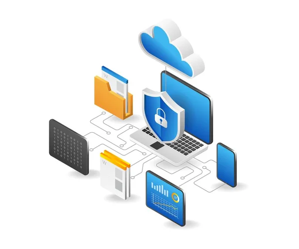 Flat Isometric Illustratie Computer Cloud Server Beveiligingsprogramma Netwerk Concept — Stockvector
